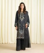 Cotton Jacquard Embroidered Black 3 Piece Suit - Image 3