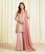 Cotton Jacquard Embroidered Pink 3 Piece Suit - Image 2