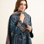 Cotton Embroidered Blue 3 Piece Suit