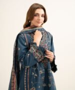 Cotton Embroidered Blue 3 Piece Suit