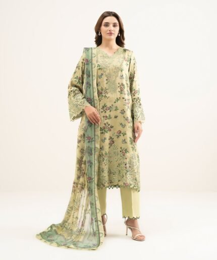 Viscose Satin Yellow Embroidered 3 Piece Suit