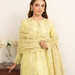 Fine Cotton Satin Embroidered Yellow 3 Piece Suit