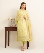 Fine Cotton Satin Embroidered Yellow 3 Piece Suit - Image 2