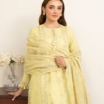 Fine Cotton Satin Embroidered Yellow 3 Piece Suit