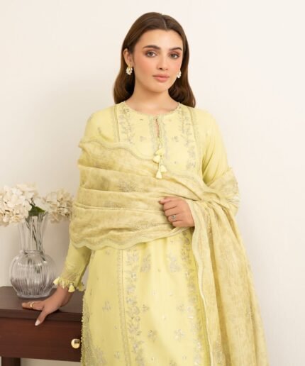 Fine Cotton Satin Embroidered Yellow 3 Piece Suit