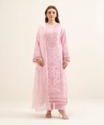 Cotton Jacquard Embroidered Pink 3 Piece Suit