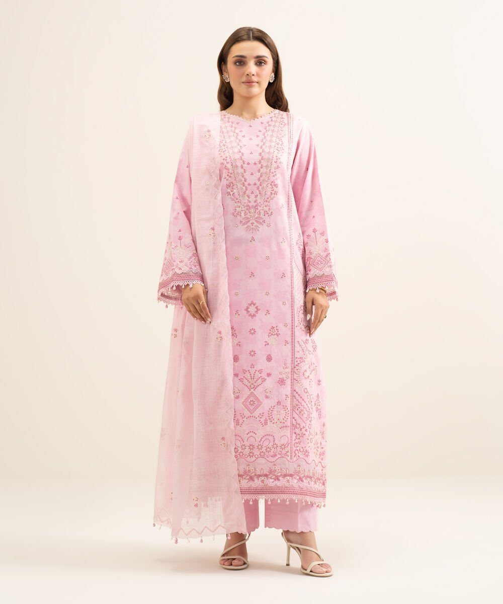 3PESUS26V138_2-1.jpg Cotton Jacquard Embroidered Pink 3 Piece Suit - Image 1