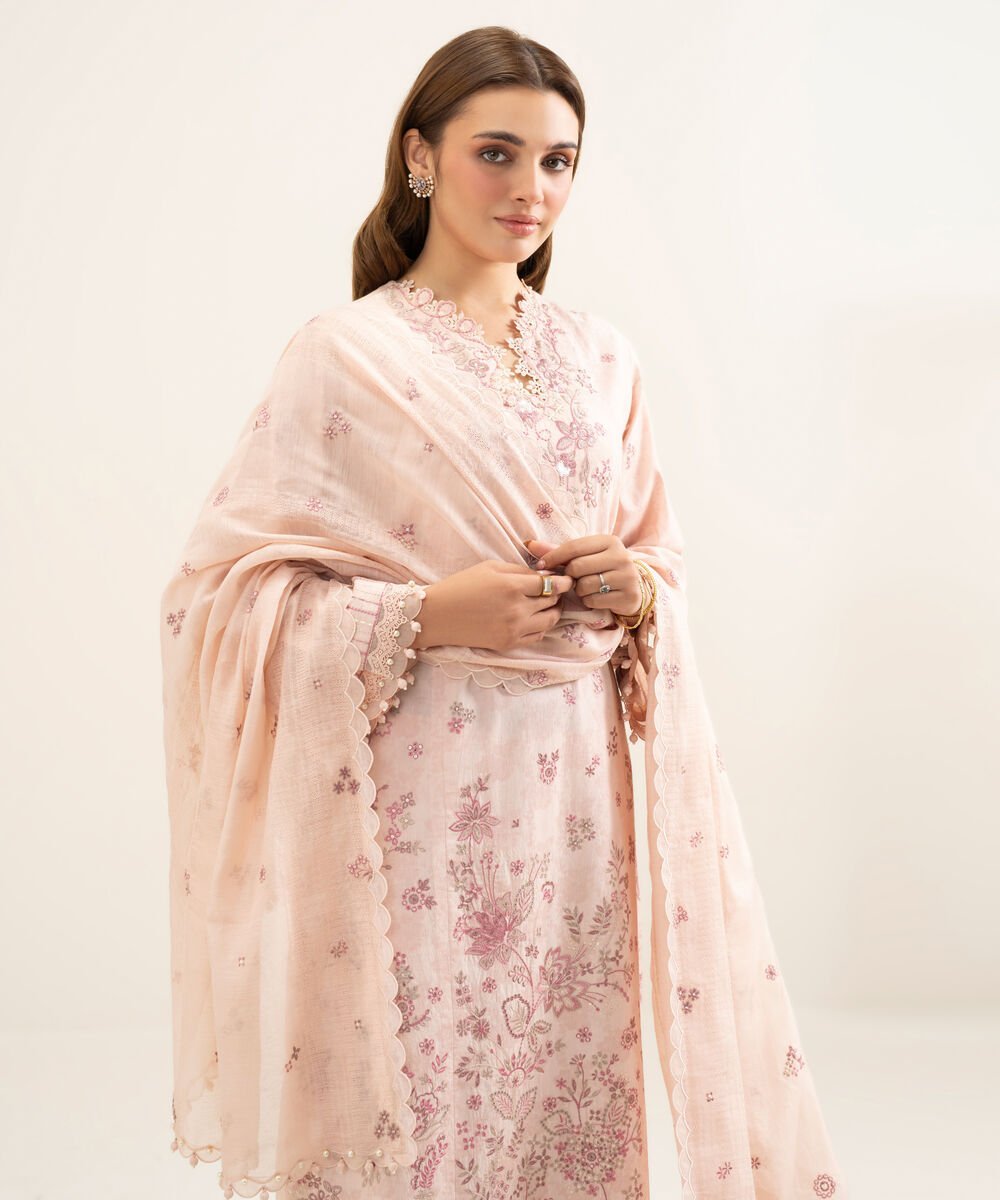 3PESUS26V140_2-1.jpg Cotton Jacquard Embroidered Pink 3 Piece Suit - Image 1