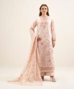 Cotton Jacquard Embroidered Pink 3 Piece Suit - Image 2