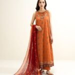 Lawn Embroidered Orange 3 Piece Suit