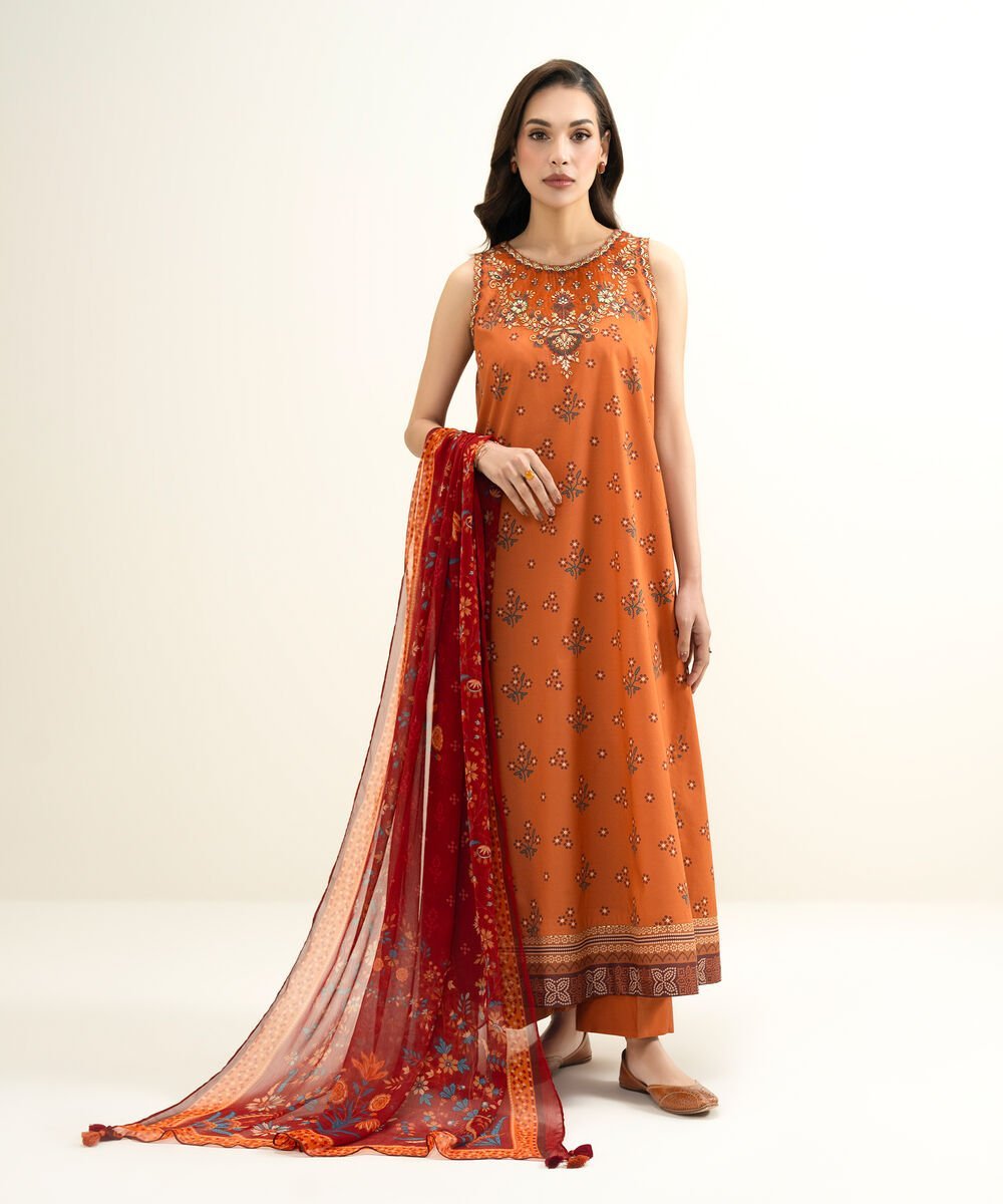 DYS26V113BAT_2-1.jpg Lawn Embroidered Orange 3 Piece Suit - Image 1