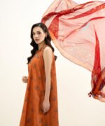 Lawn Embroidered Orange 3 Piece Suit - Image 2