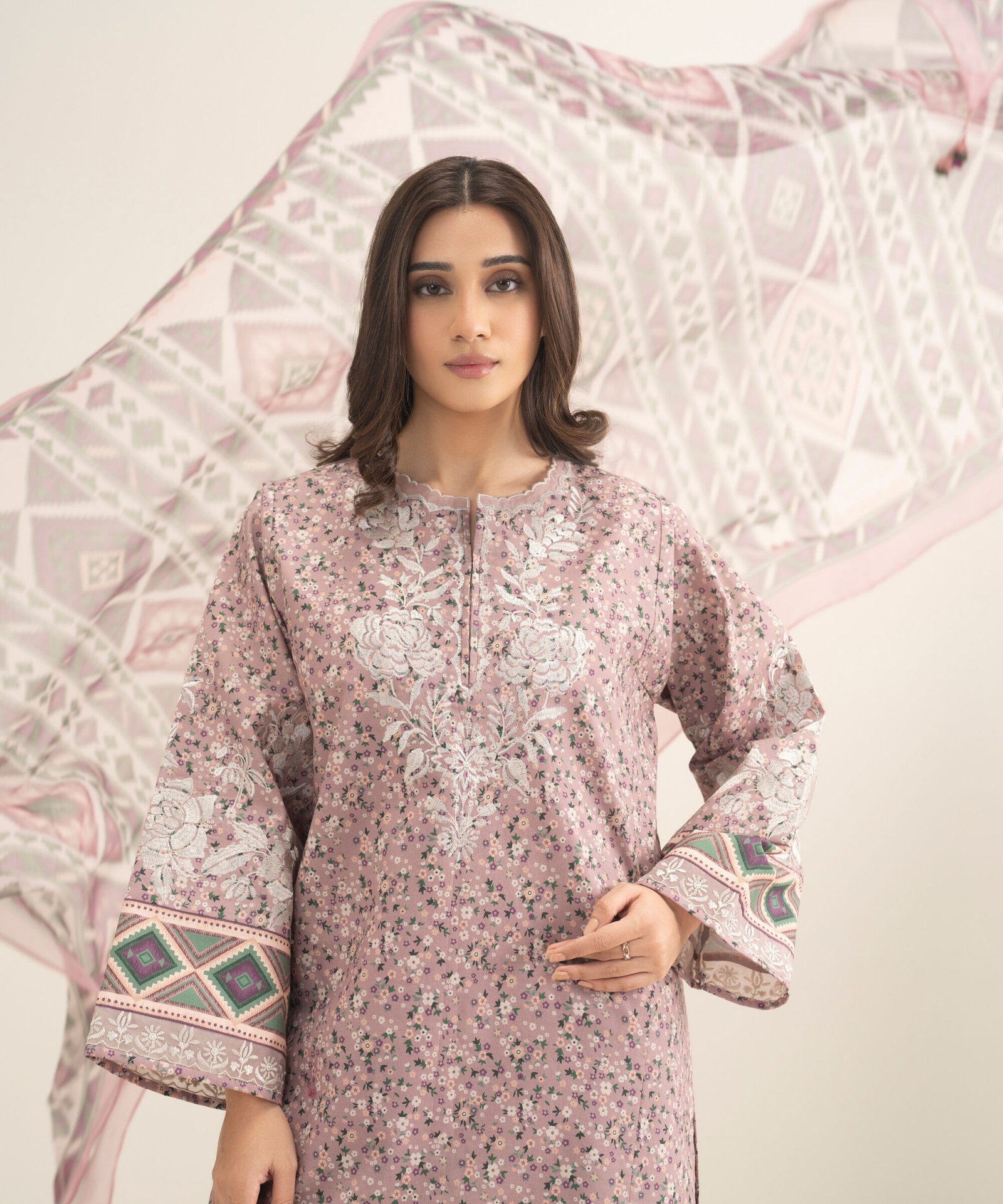 EDYS26V0140B_1 Cotton Embroidered Pink 3 Piece Suit - Image 1