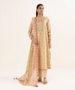 Textured Lawn Embroidered Beige 3 Piece Suit