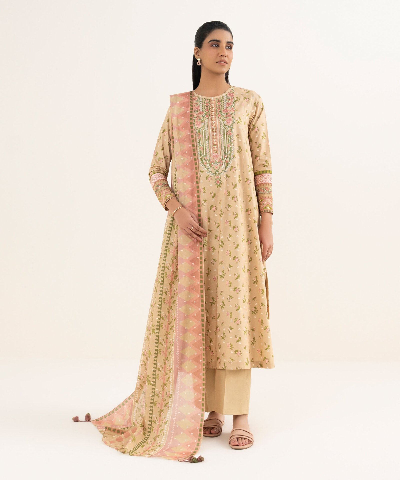 EDYS26V0161B_1 Textured Lawn Embroidered Beige 3 Piece Suit - Image 1