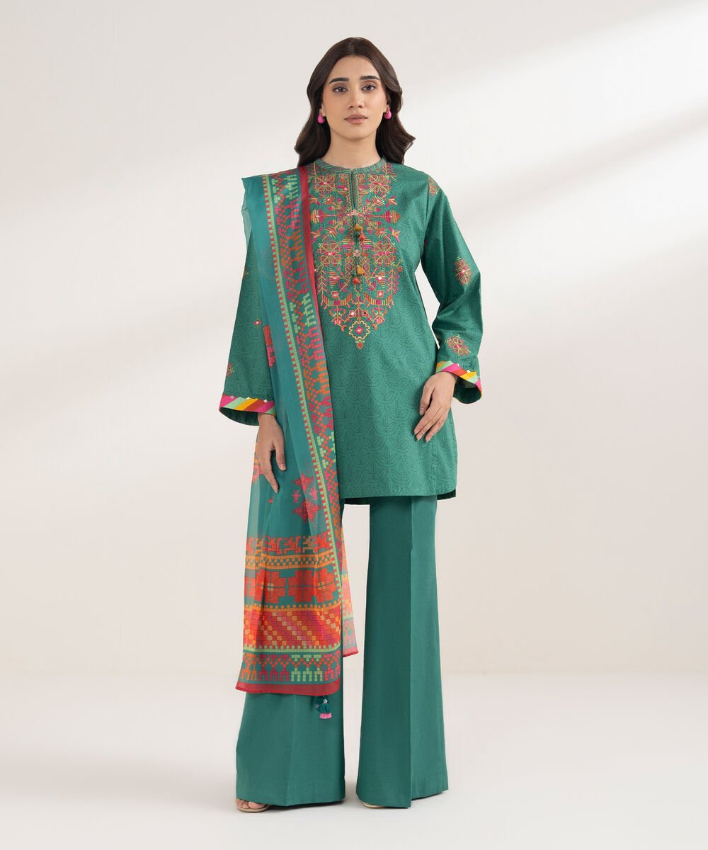 EDYS26V0177B_2-3.jpg Cotton Embroidered Green 3 Piece Suit - Image 1