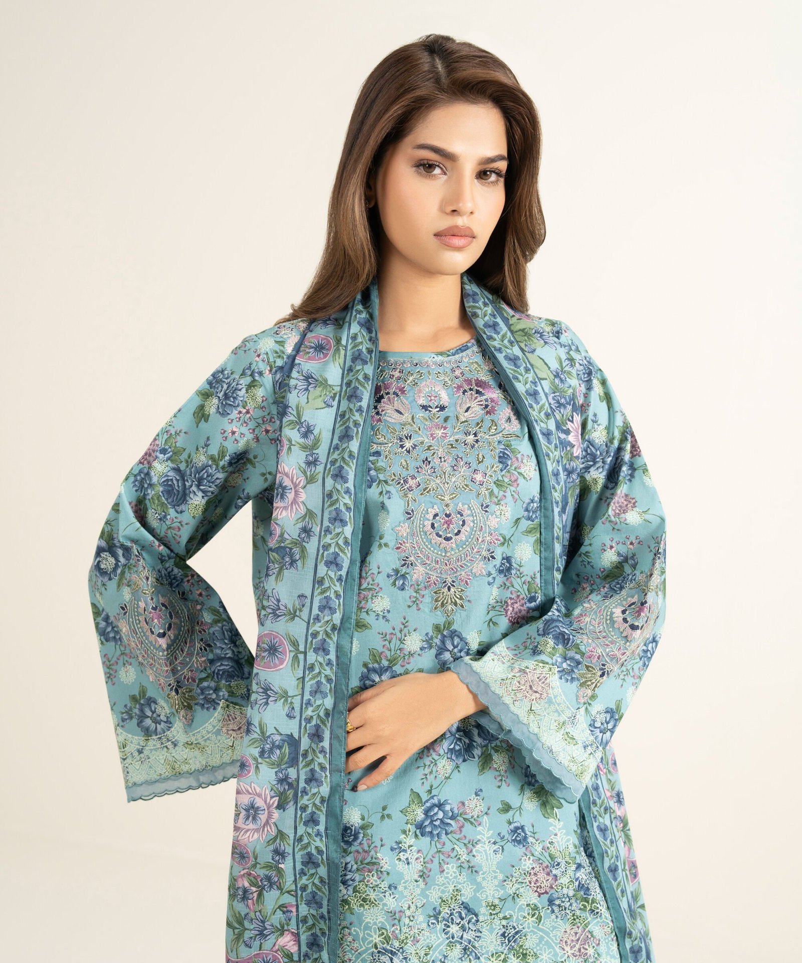 EDYS26V1142B_1 Lawn Embroidered Blue 3 Piece Suit - Image 1
