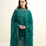 Cotton Net Embroidered Green 3 Piece Suit