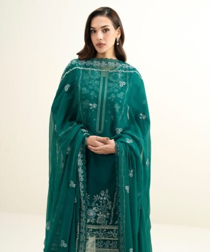 Cotton Net Embroidered Green 3 Piece Suit