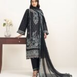 Cotton Net Embroidered Black 3 Piece Suit
