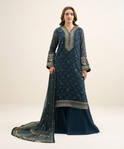 Blended Chiffon Embroidered Green 3 Piece Suit