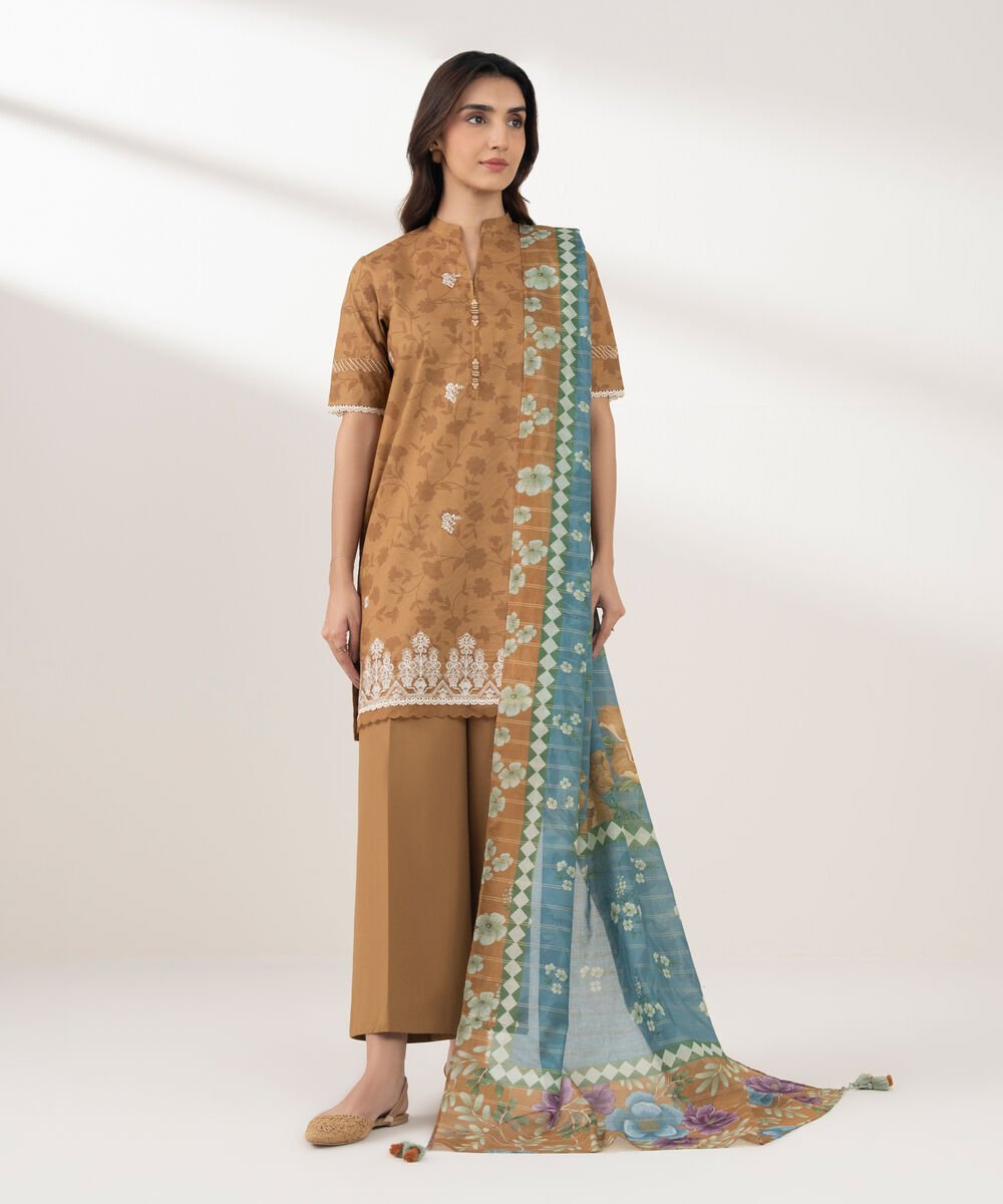 PEDYS26V0123_1 Zari Lawn Embroidered Brown 3 Piece Suit - Image 1