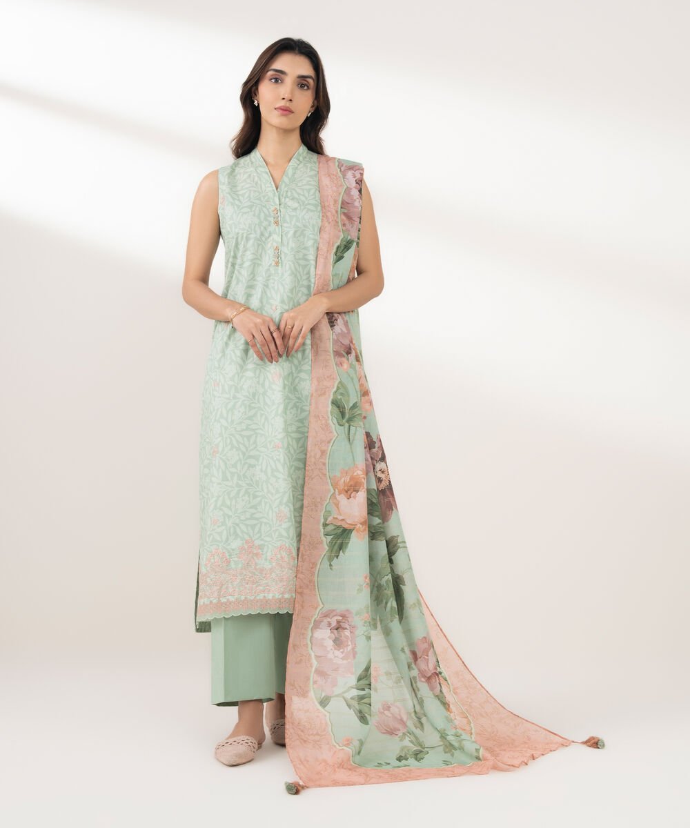 PEDYS26V0124_1 Zari Lawn Embroidered Green 3 Piece Suit - Image 1