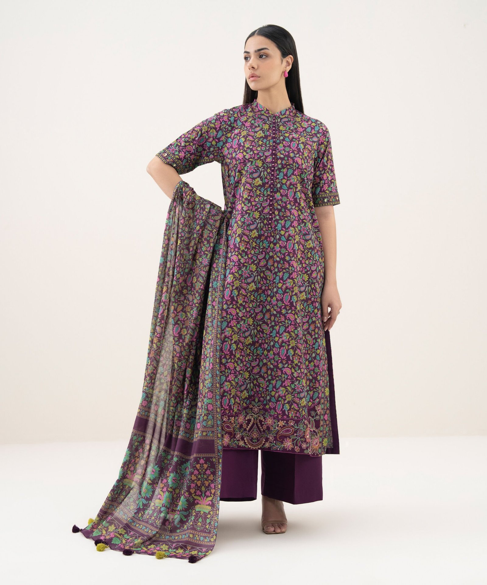 PEDYS26V0130_1 Cotton Printed Purple 3 Piece Suit - Image 1