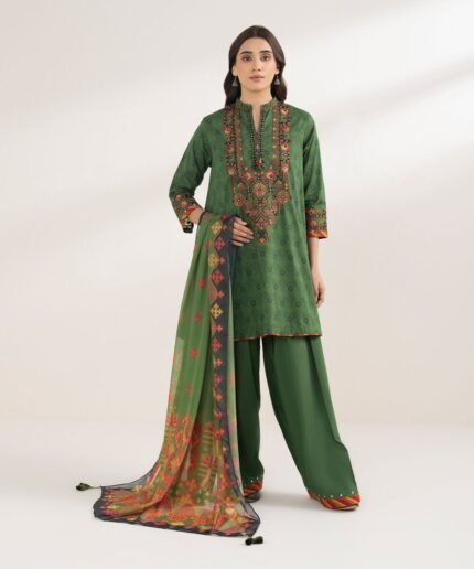Cotton Embroidered Green 3 Piece Suit