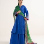 Cotton Viscose Embroidered Blue 3 Piece Suit