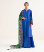 Cotton Viscose Embroidered Blue 3 Piece Suit - Image 2