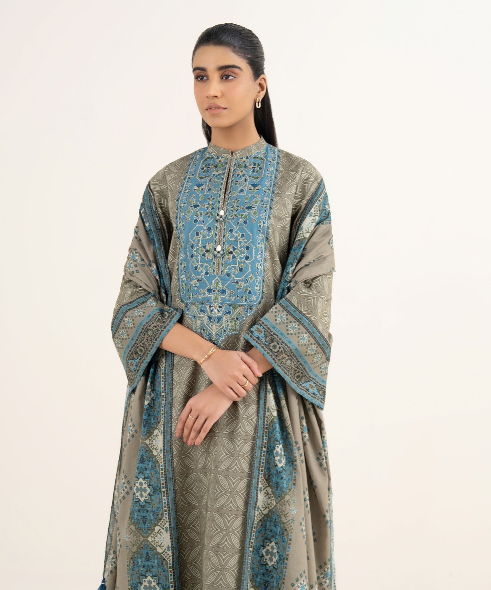 PEDYS26V075B_1 Lawn Printed Beige 3 Piece Suit - Image 1