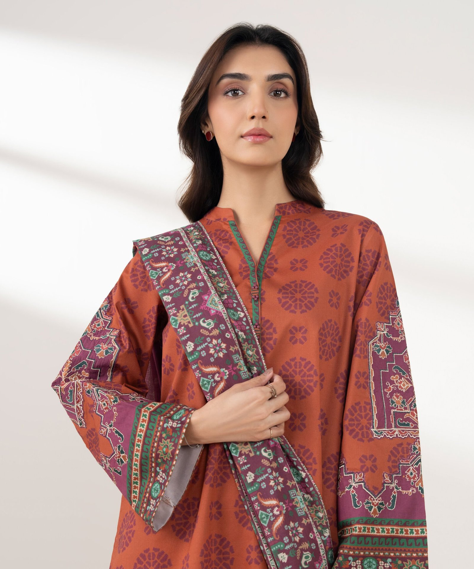 PEDYS26V076B_1 Cotton Printed Orange 3 Piece Suit - Image 1