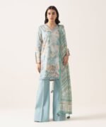 Textured Lawn Embroidered Blue 3 Piece Suit - Image 3