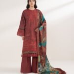 Cotton Embroidered Red 3 Piece Suit