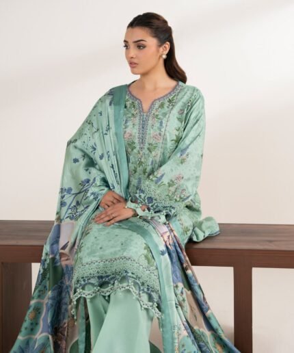 Cotton Embroidered Green 3 Piece Suit