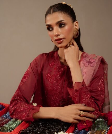 Textured Lawn Red Embroidered 3 Piece Suit