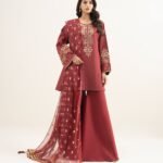 Zari Lawn Embroidered Red 3 Piece Suit