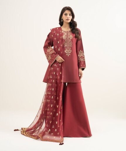 Zari Lawn Embroidered Red 3 Piece Suit
