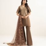 Zari Lawn Embroidered Brown 3 Piece Suit