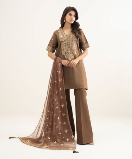 Zari Lawn Embroidered Brown 3 Piece Suit