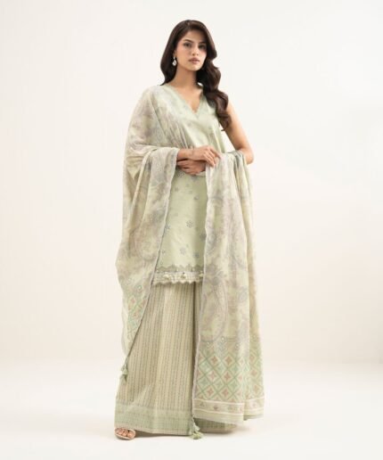 Lawn Embroidered Beige 3 Piece Suit