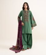 Textured Lawn Embroidered Green 3 Piece Suit