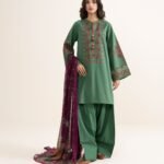 Textured Lawn Embroidered Green 3 Piece Suit