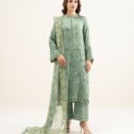 Viscose Satin Green Embroidered 3 Piece Suit