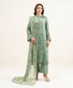 Viscose Satin Green Embroidered 3 Piece Suit