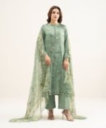 Viscose Satin Green Embroidered 3 Piece Suit - Image 4