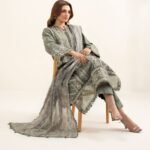 Fine Cotton Satin Embroidered Grey 3 Piece Suit