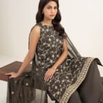 Textured Lawn Brown Embroidered 3 Piece Suit