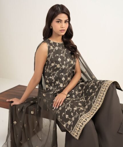 Textured Lawn Brown Embroidered 3 Piece Suit